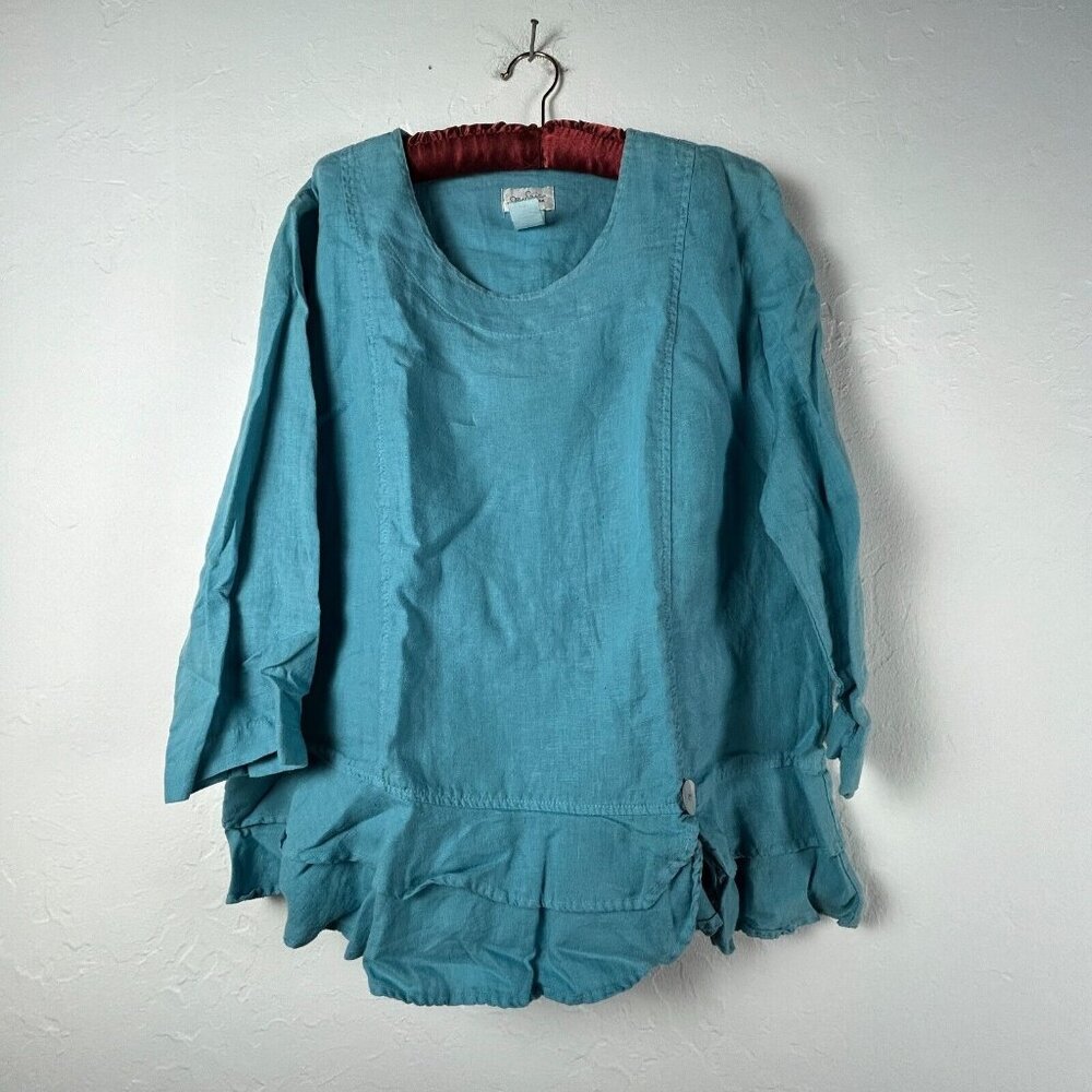 Mosaic Womens Blouse Top Small Turquoise Long Sleeve Drop Waist Tiered Linen